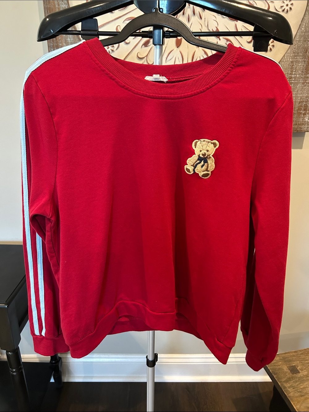 JODIFL Women’s Red Crewneck with Teddy and Sleeve Stripes Size Medium